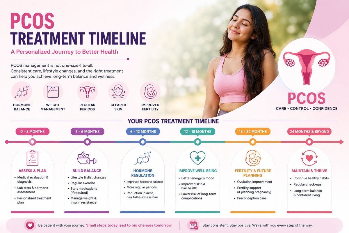 PCOS treatment timeline showing 6 stages from diagnosis to long-term management, with hormone balance, weight management, and fertility care milestones