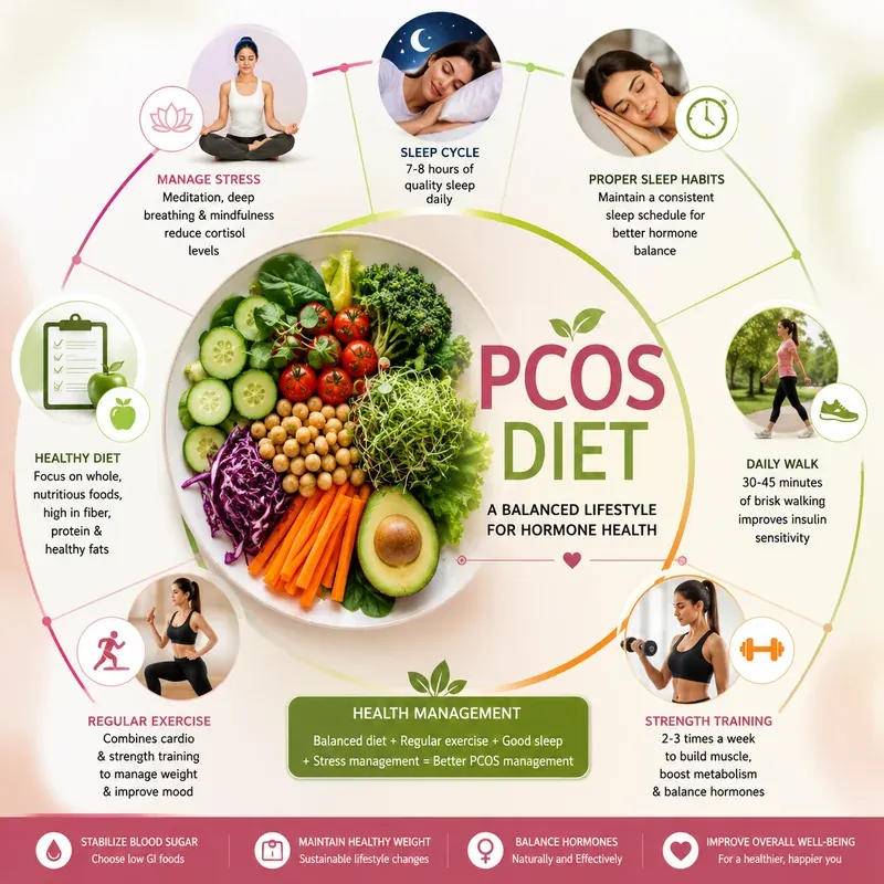 PCOS diet and lifestyle management: healthy diet, daily walk, strength training, sleep cycle, stress management for hormone balance